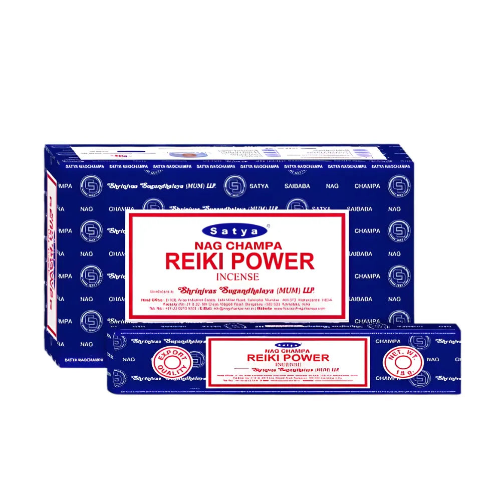 Box of 12pcs Nag Champa incense sticks in the scent "Reiki Power" with branding on a white background