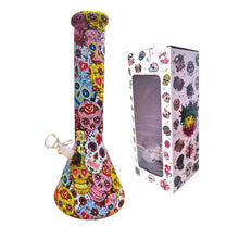 Large colourful skull-patterned bong with packaging on a white background