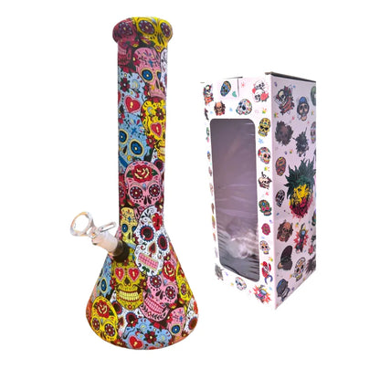 Large colourful skull-patterned bong with packaging on a white background