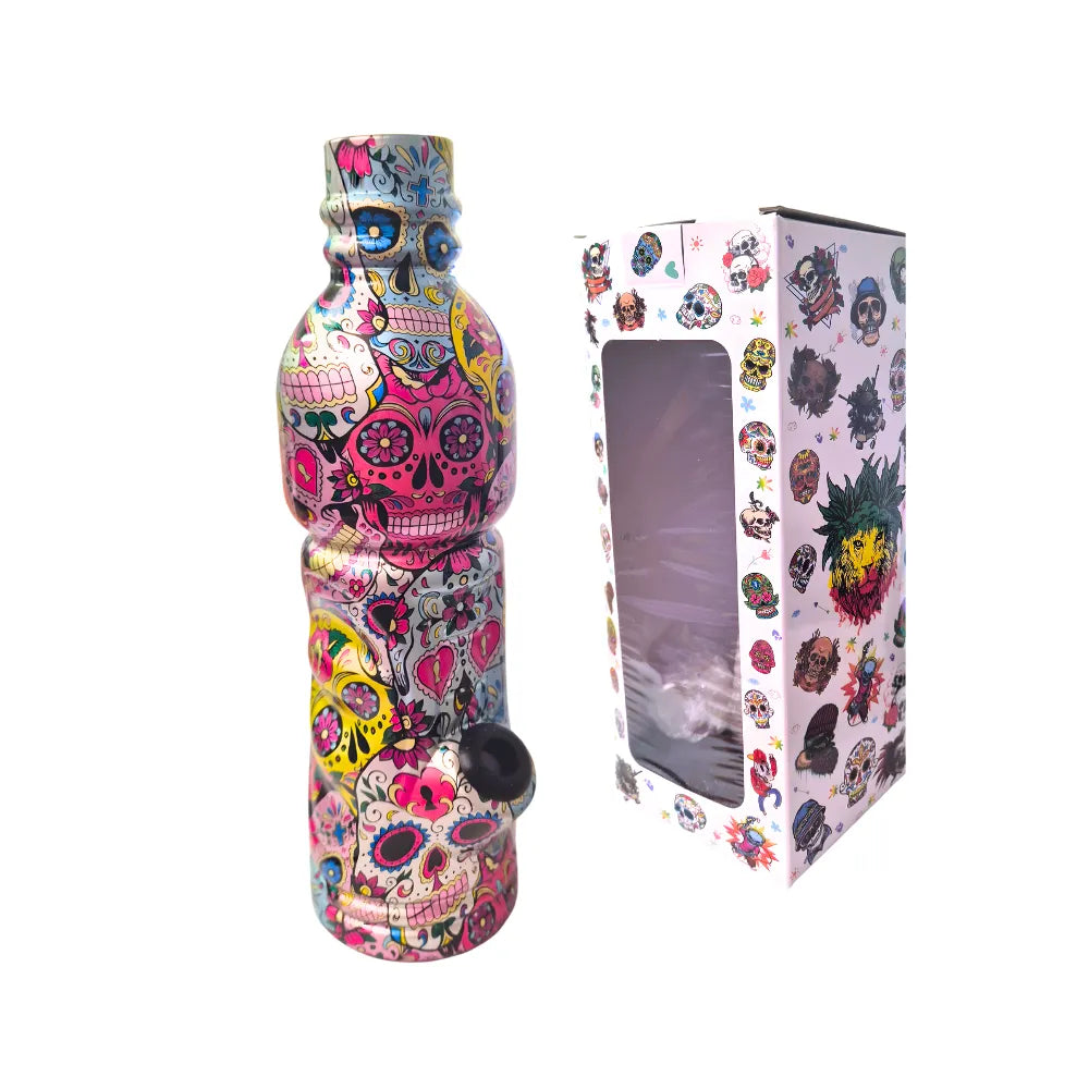 Medium colourful skull-patterned bong with packaging on a white background