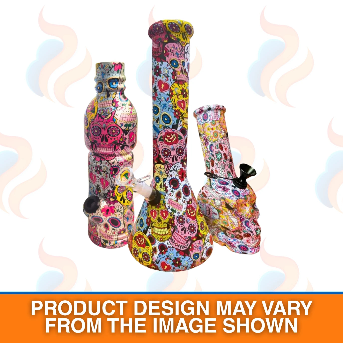 Three different size colourful skull-patterned bongs on a white background