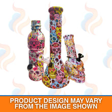 Three different size colourful skull-patterned bongs on a white background