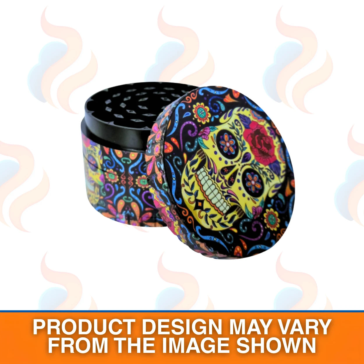 Colourful skull-patterned grinder with smoke effects on a white background