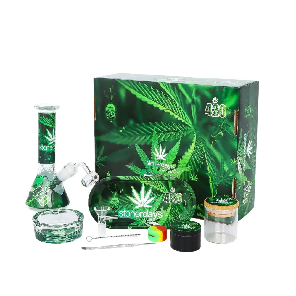 Collection of glass smoking accessories with 'stonerdays' branding on a white background