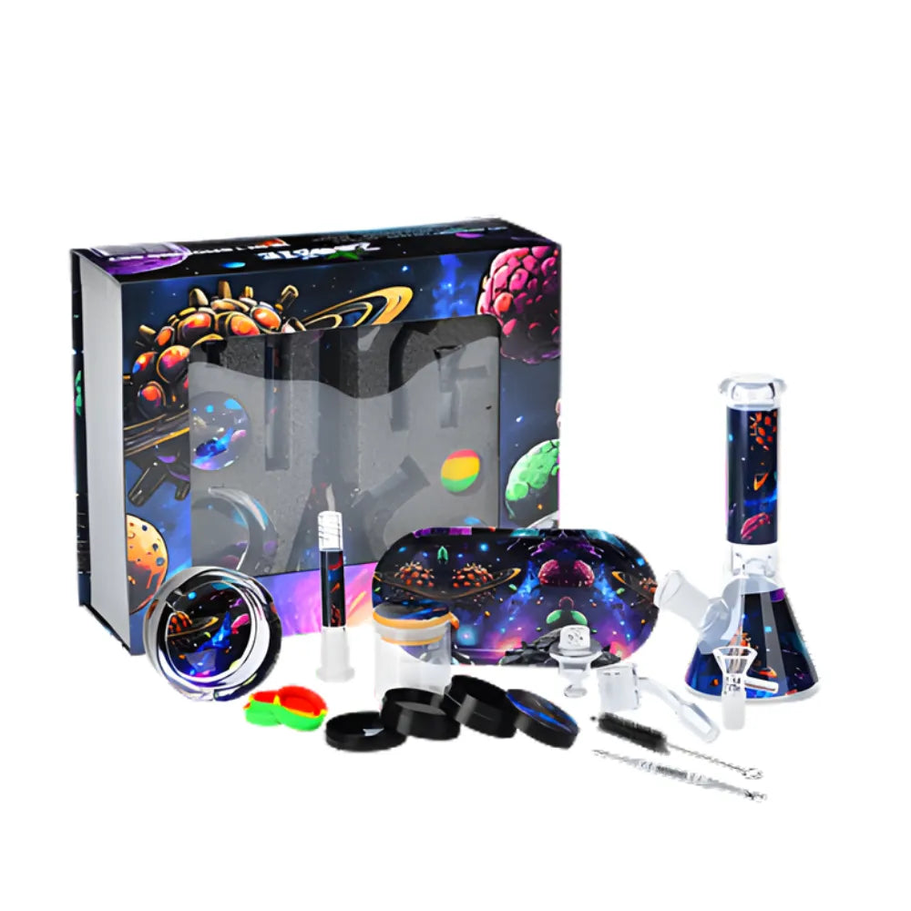 Colourful "Puff Puff Pass" smoking accessory set with a prominent box on a white background