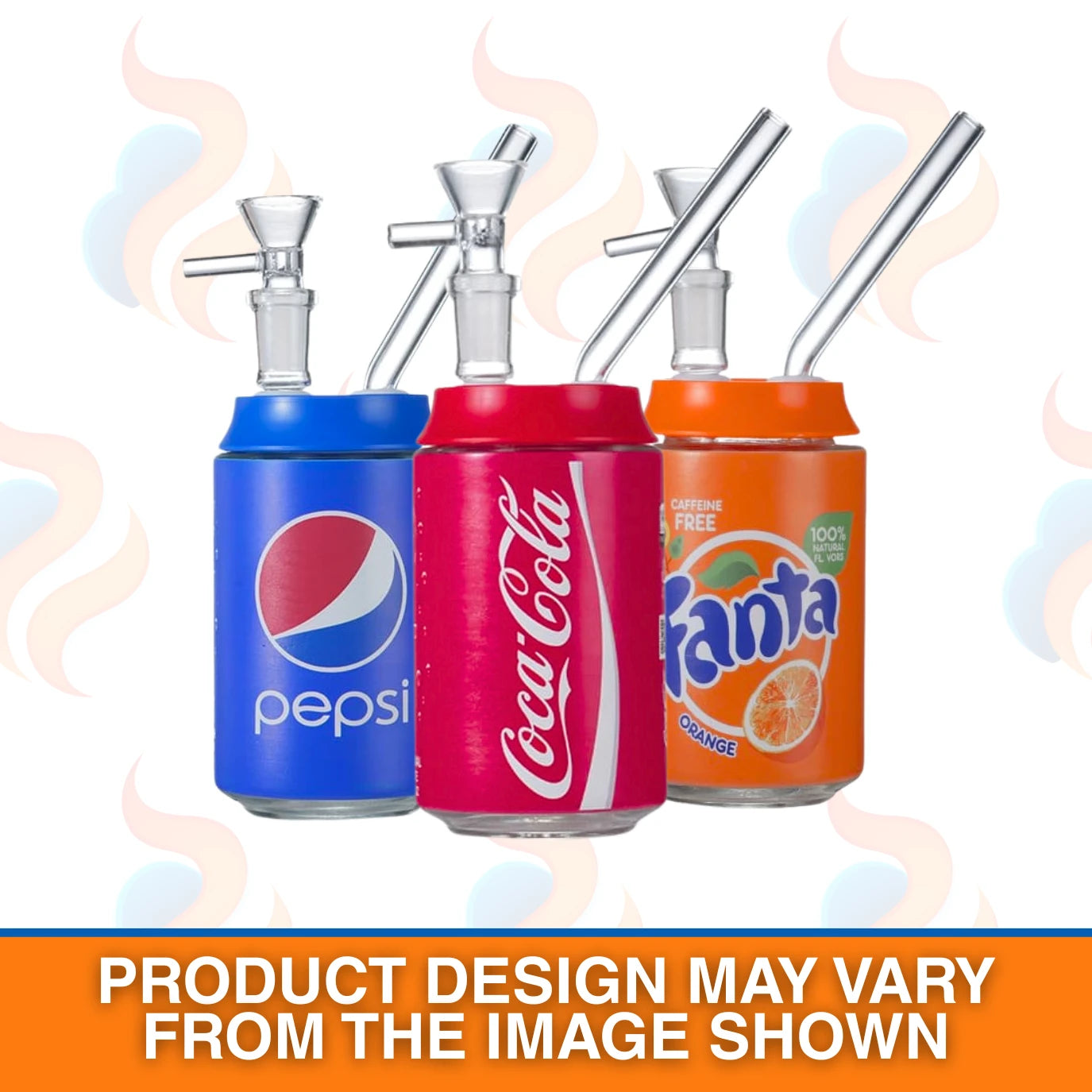 Three soda-inspired bongs in different colours on a white background