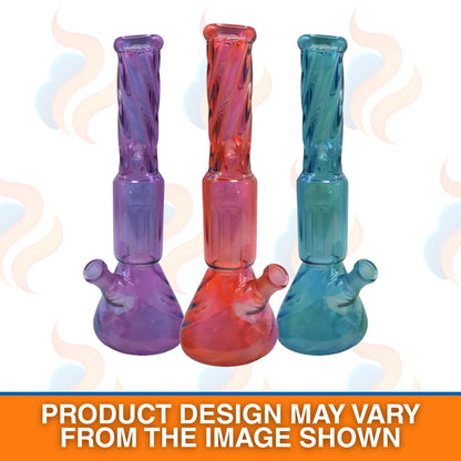 Three spiral tube glass bongs on a white background