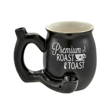 Black mug with smoking pipe handle and 'Premium Roast & Toast' text on a white background
