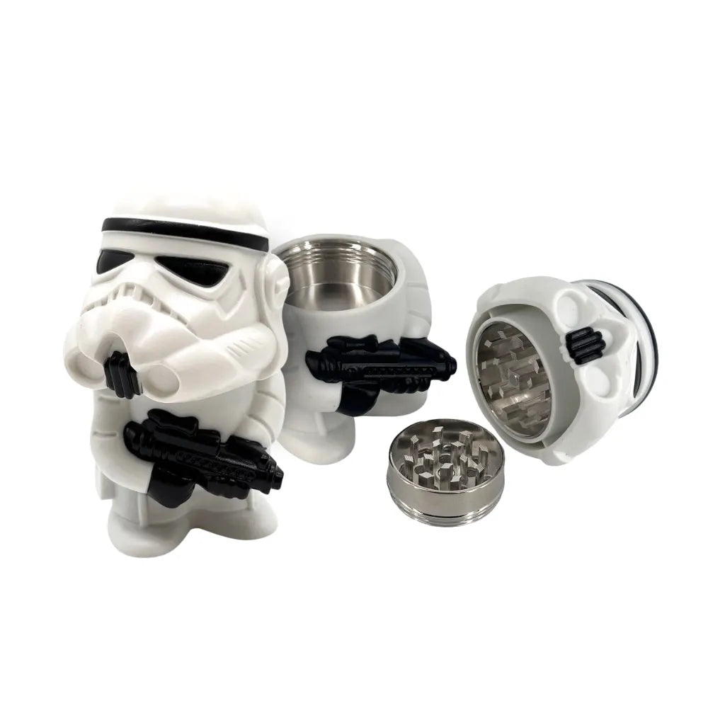 Stormtrooper-themed grinder with detachable parts on a white background