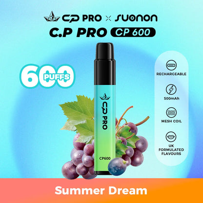 Suonon x CP Pro CP600 vape device with summer dream flavour on a colourful gradient background
