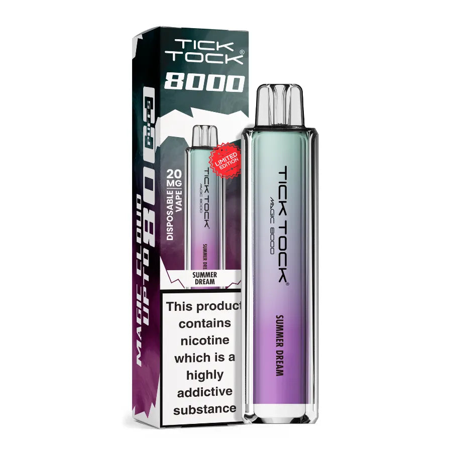 Tick Tock 8000 vape device and packaging on a white background