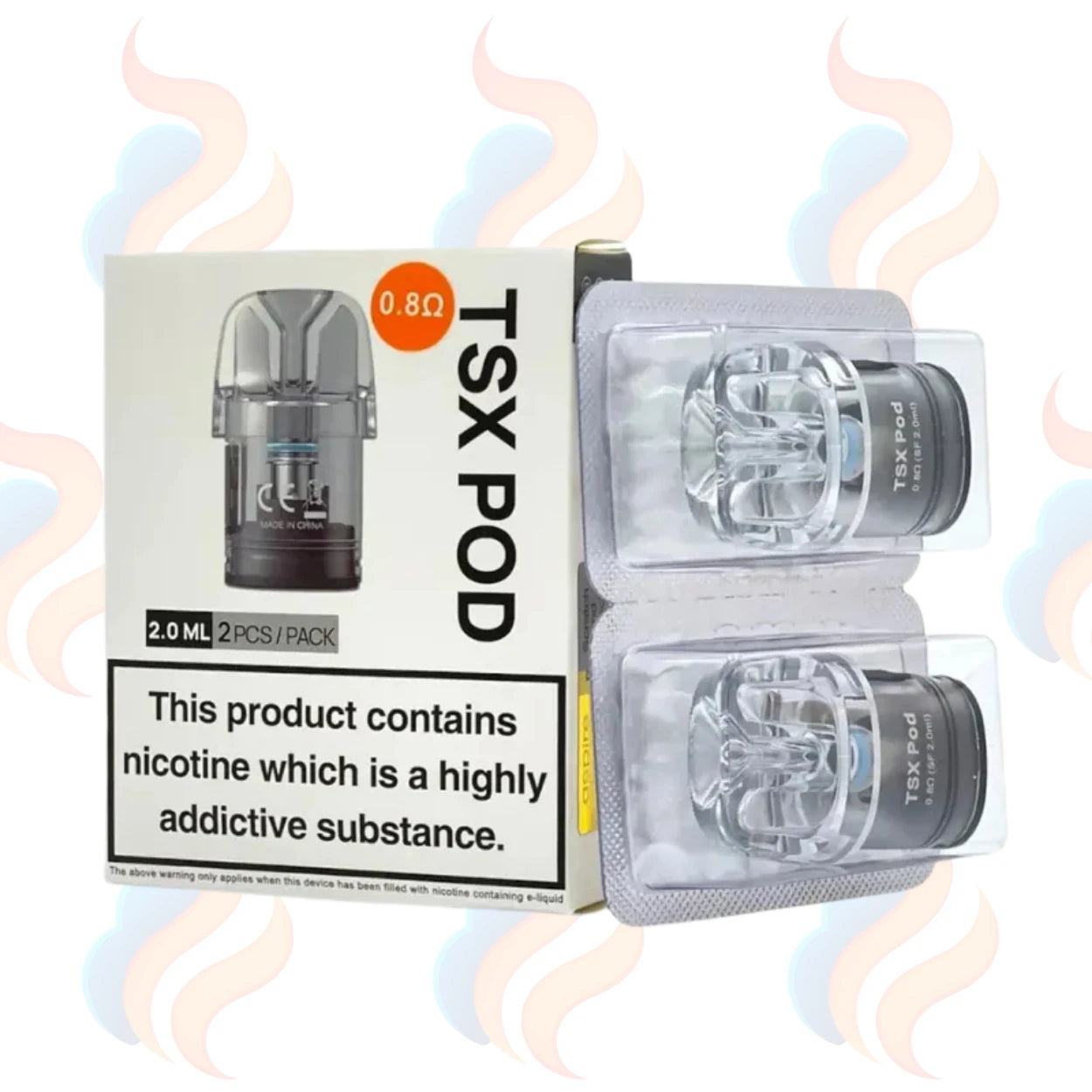 TSX Pod packaging with nicotine warning label on a white background
