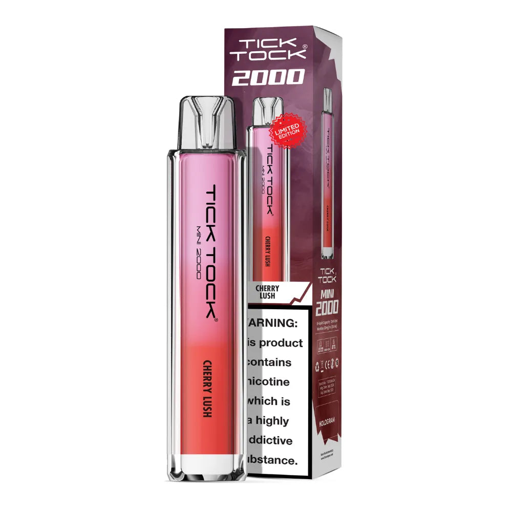 Tick Tock 2000 vape cherry lush and packaging on a white background
