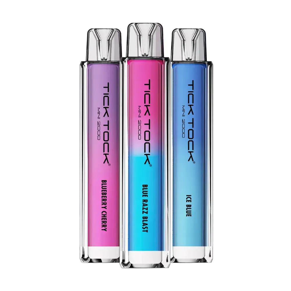 Three colorful 'Tick Tock' vape kits on a white background