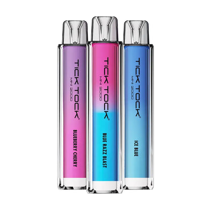 Three colorful 'Tick Tock' vape kits on a white background