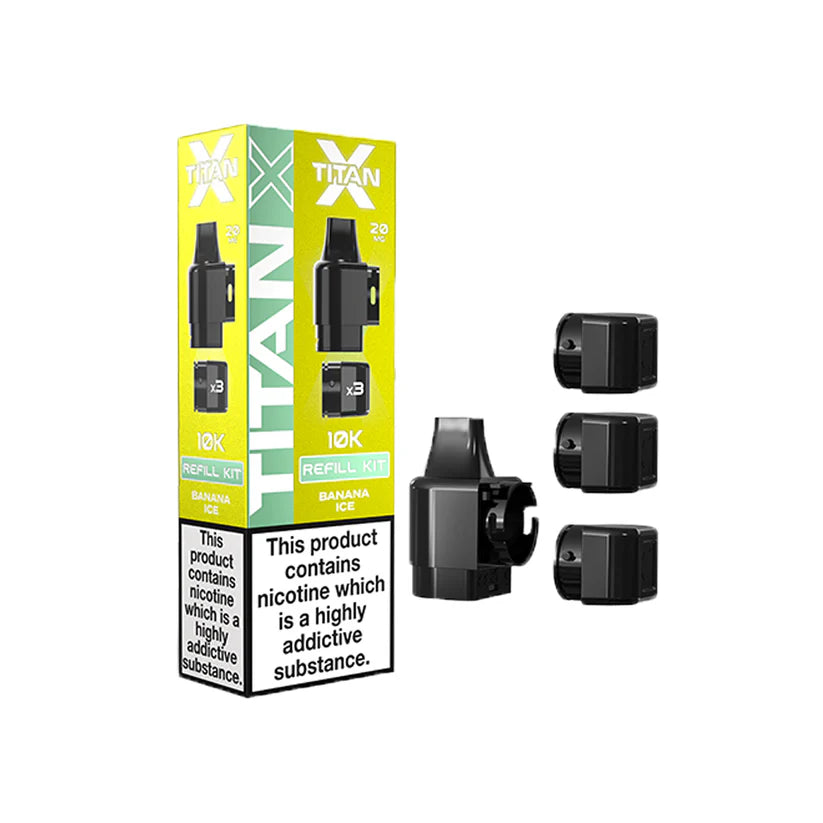 Titan X Banana Ice refill packaging with black refills on a white background
