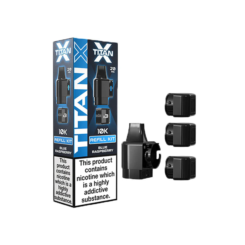 Titan X Blue Raspberry refill packaging with black refills on a white background