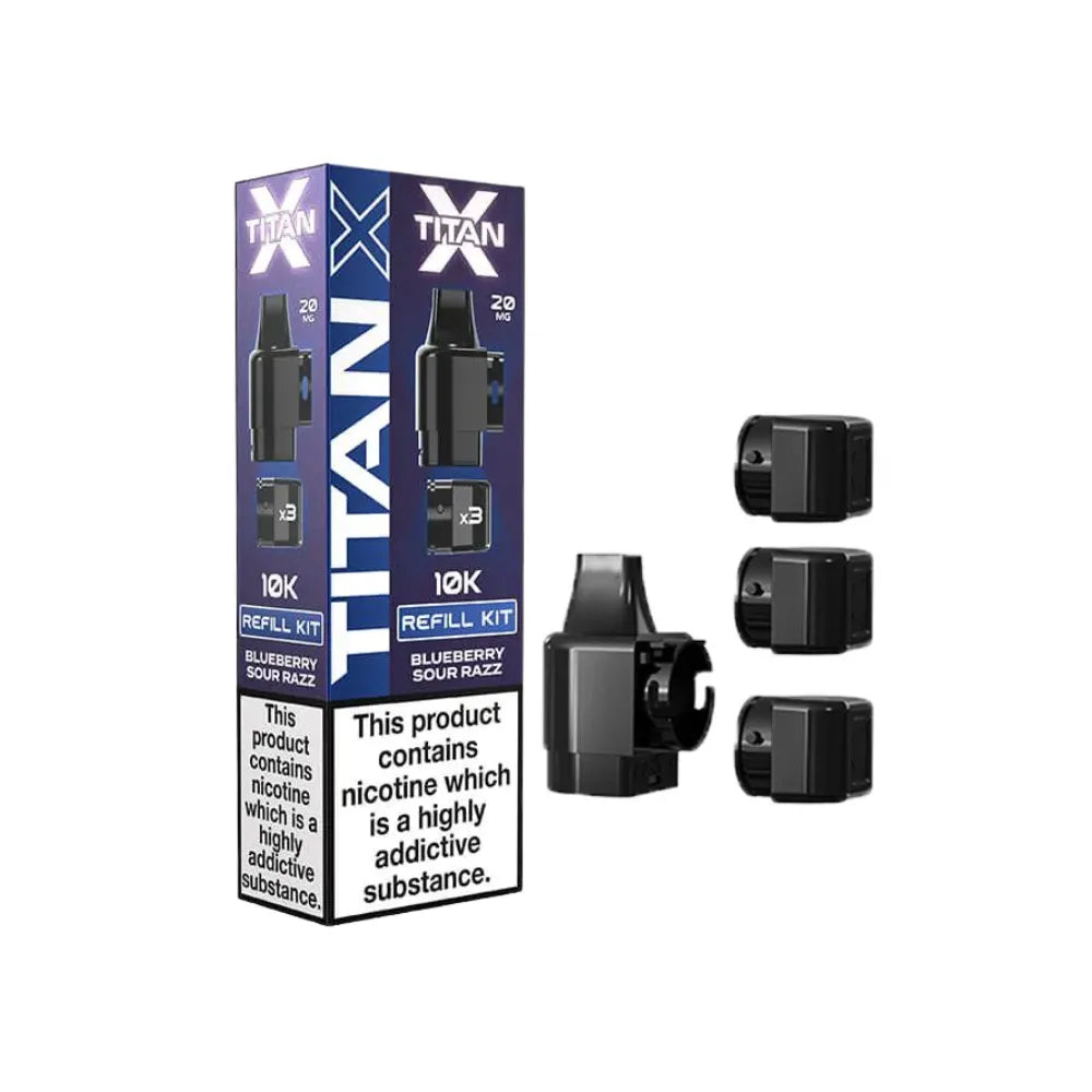 Titan X Blueberry Sour Razz refill packaging with black refills on a white background