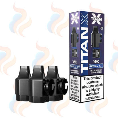 Three Titan X 10K refills on a white background with UK Vape Supply Logo