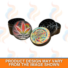 "Holographic Leaf" herb grinders with colourful designs on a white background