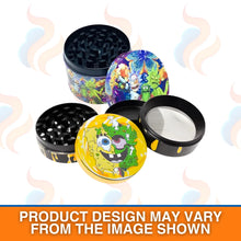 Two colourful, dismantled pocket size herb grinders on a white background