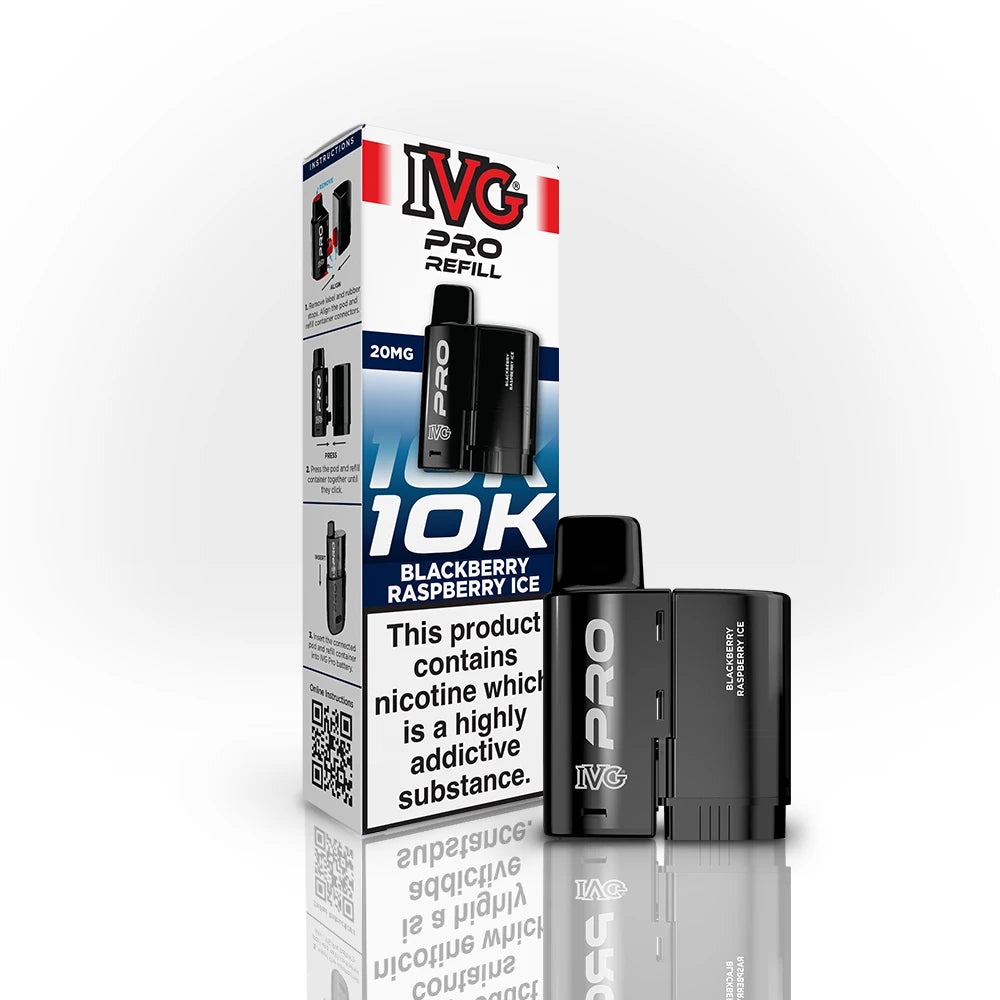 IVG Pro Refill 10K Blackberry Raspberry Ice vape refill shown next to its retail packaging box on a clean white background with a soft reflection.