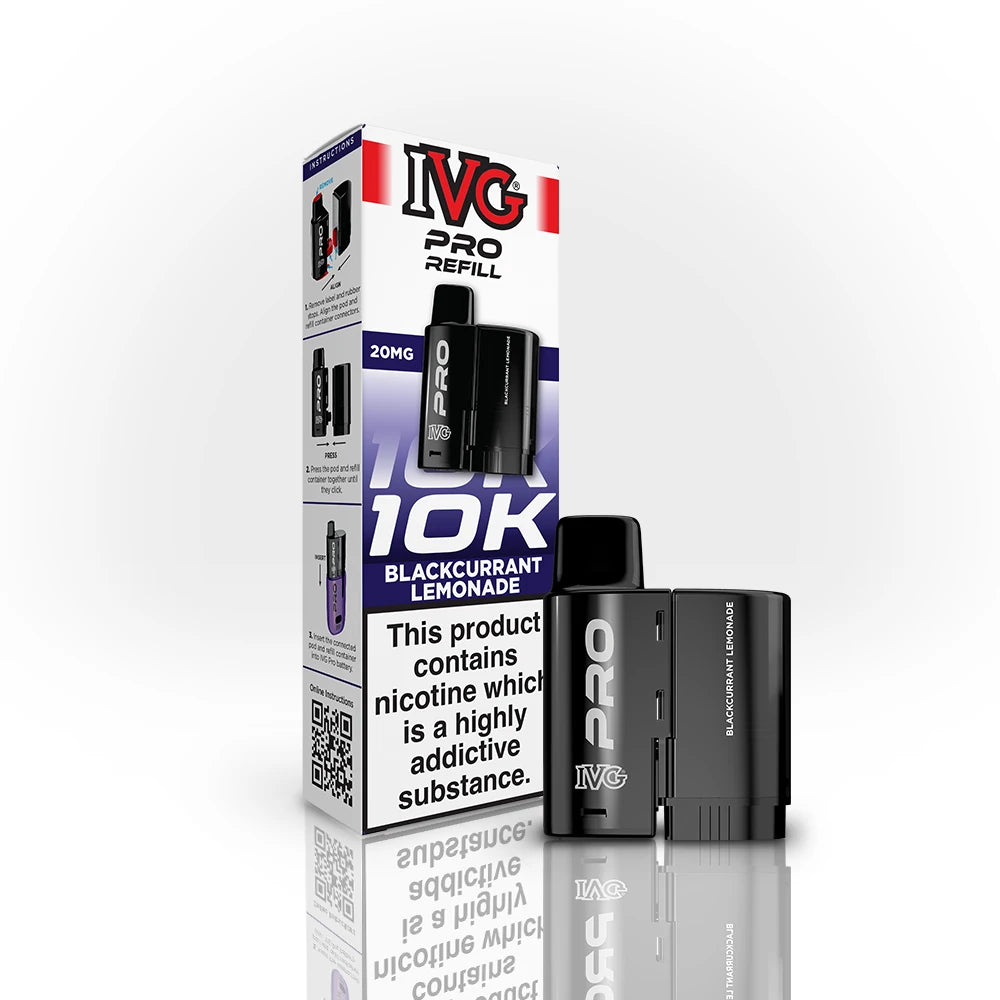 IVG Pro Refill 10K Blackberry Raspberry Ice refill vape device shown next to its retail packaging box on a light grey reflective background.