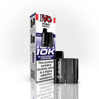 IVG Pro Refill 10K Blackberry Raspberry Ice refill vape device shown next to its retail packaging box on a light grey reflective background.