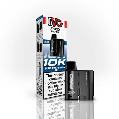 IVG Pro Refill 10K Blue Raspberry Ice vape device and packaging on a white background