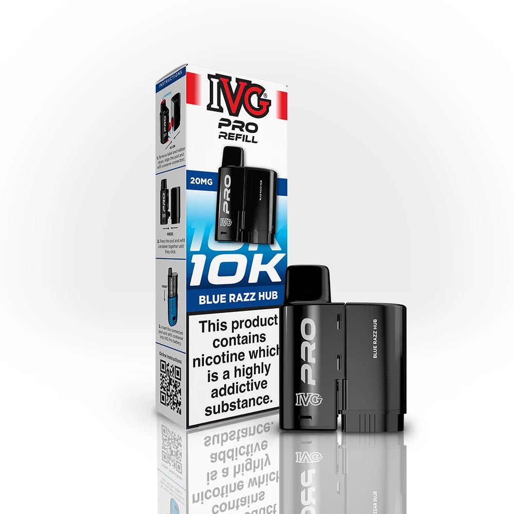 IVG Pro Refill 10K Blue Razz Hub vape device and packaging on a white background