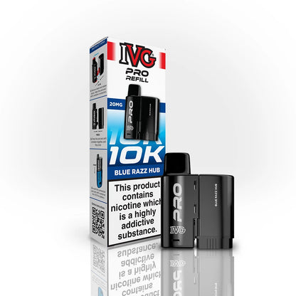 IVG Pro Refill 10K Blue Razz Hub vape device and packaging on a white background