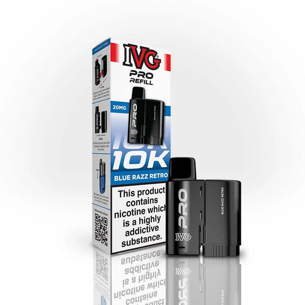 IVG Pro Refill 10K Blue Razz Retro vape device and packaging on a white background