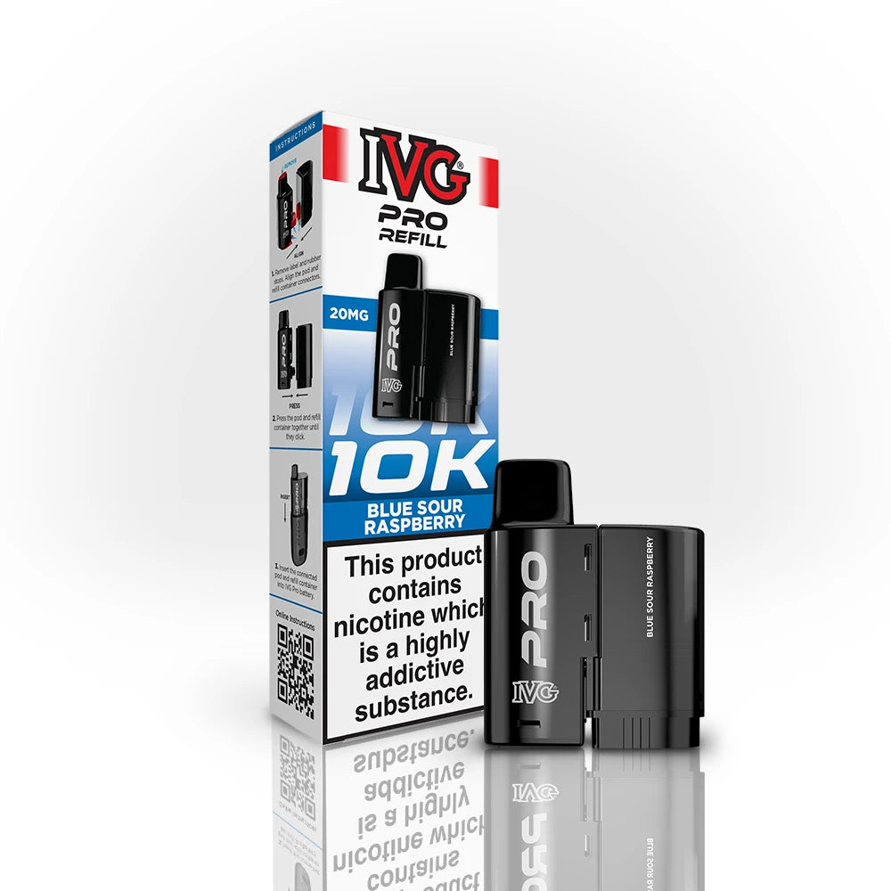 IVG Pro Refill 10K Blue Sour Raspberry vape device and packaging on a white background