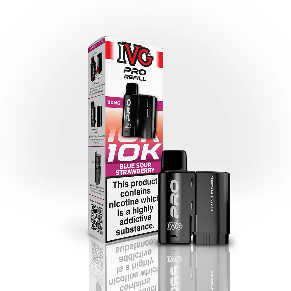 IVG Pro Refill 10K Blue Sour Strawberry vape device and packaging on a white background