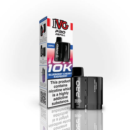 IVG Pro Refill 10K Blueberry Cherry Raspberry vape device and packaging on a white background