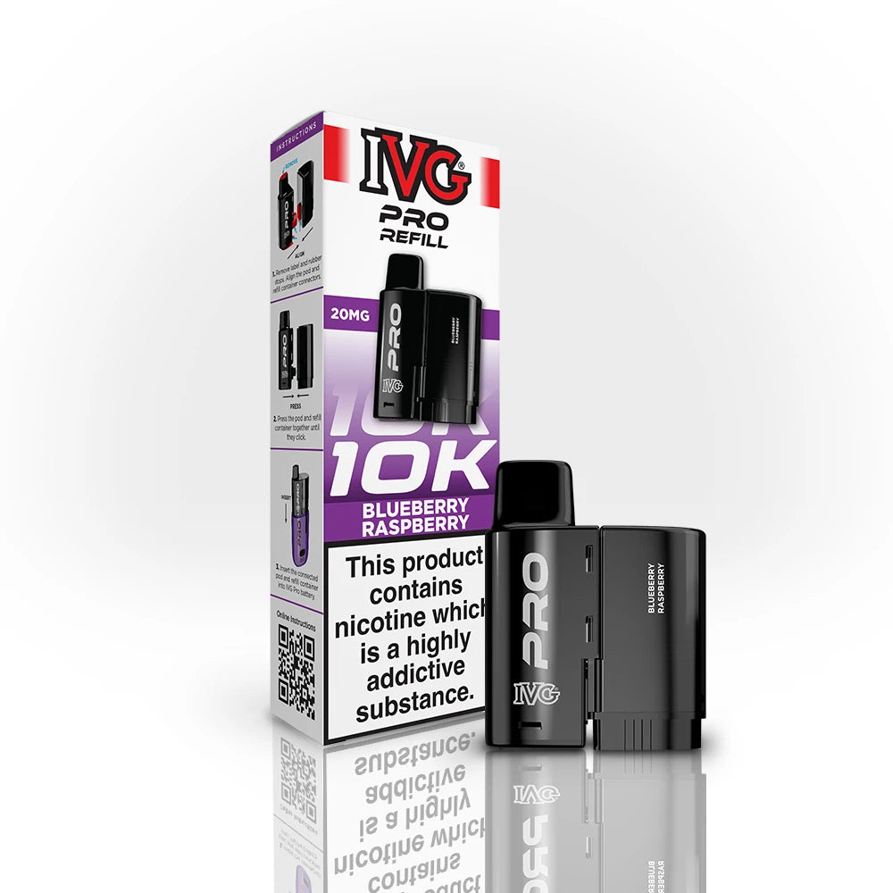 IVG Pro Refill 10K Blueberry Raspberry vape device and packaging on a white background