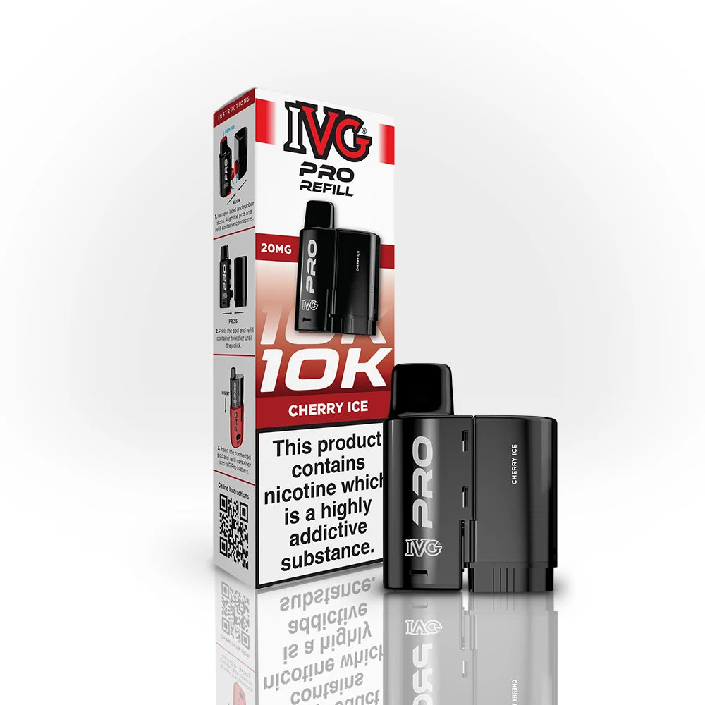 IVG Pro Refill 10K Cherry Ice vape device and packaging on a white background