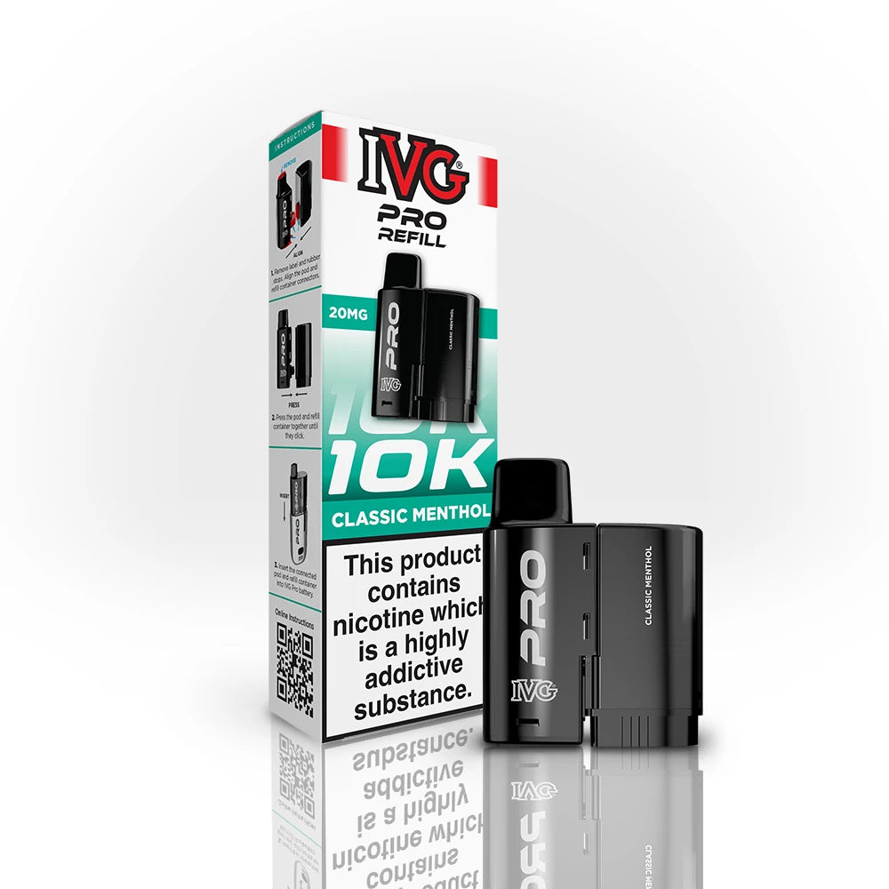 IVG Pro Refill 10K Classic Menthol vaping device and packaging on a white background