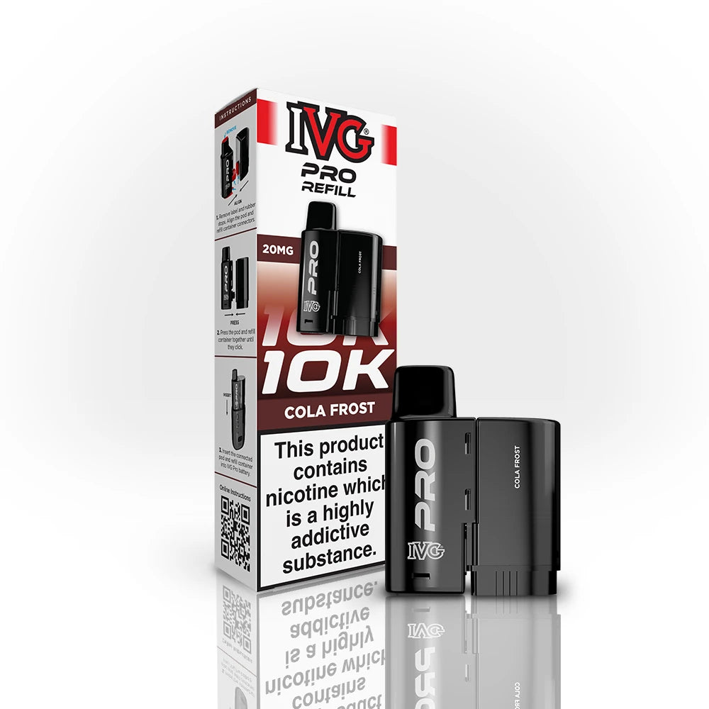 IVG Pro Refill 10K Cola Frost vape device and packaging on a white background