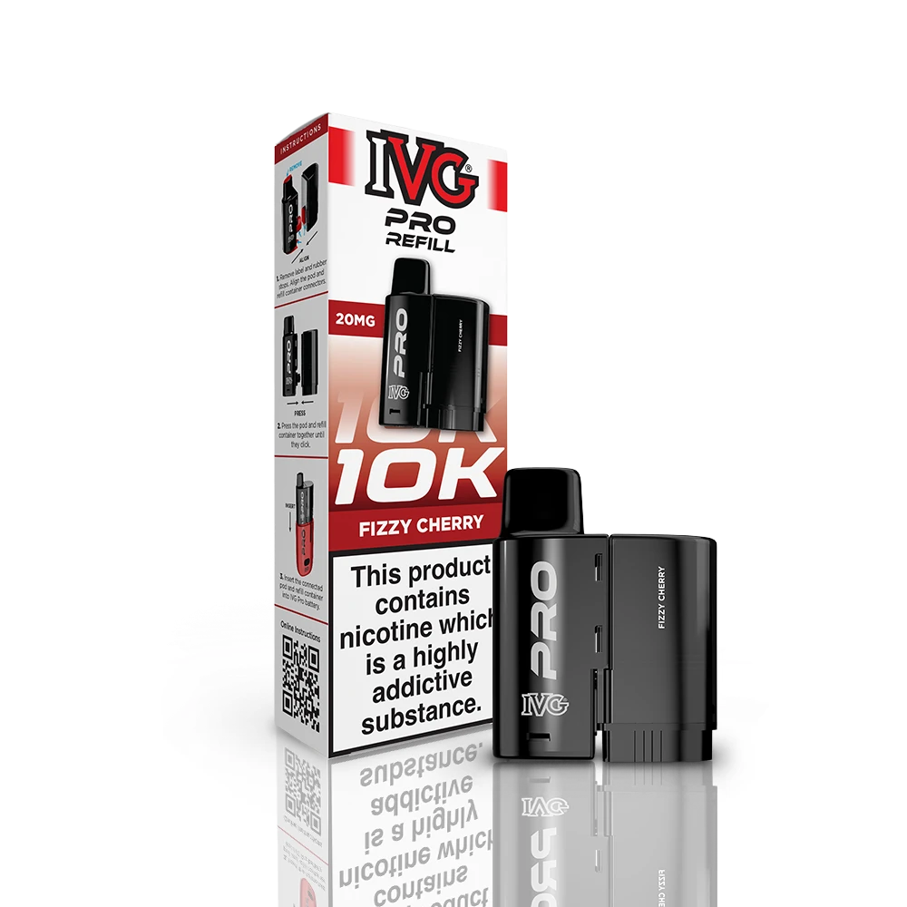 IVG Pro Refill 10K Fizzy Cherry vape device and packaging on a white background