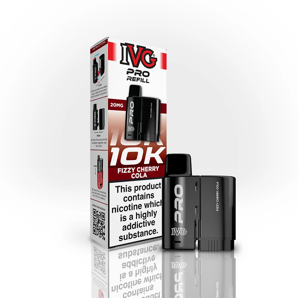 IVG Pro Refill 10K Fizzy Cherry Cola vape device and packaging on a white background