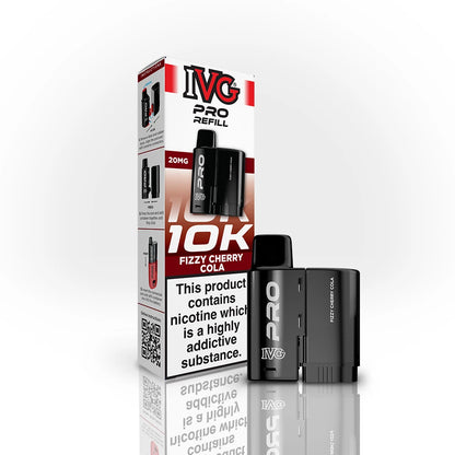 IVG Pro Refill 10K Fizzy Cherry Cola vape device and packaging on a white background