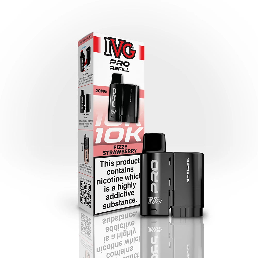 IVG Pro Refill 10K Fizzy Strawberry vape device and packaging on a white background