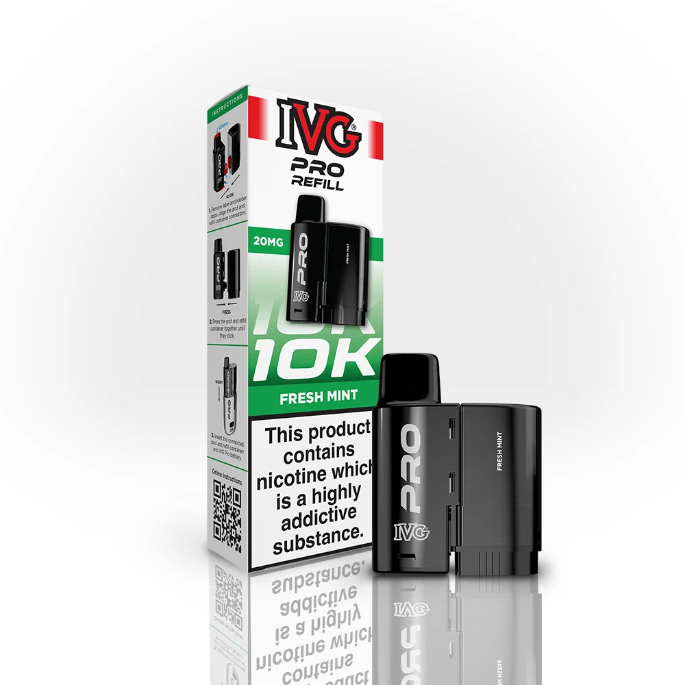 IVG Pro Refill 10K Fresh Mint vape device and packaging on a white background