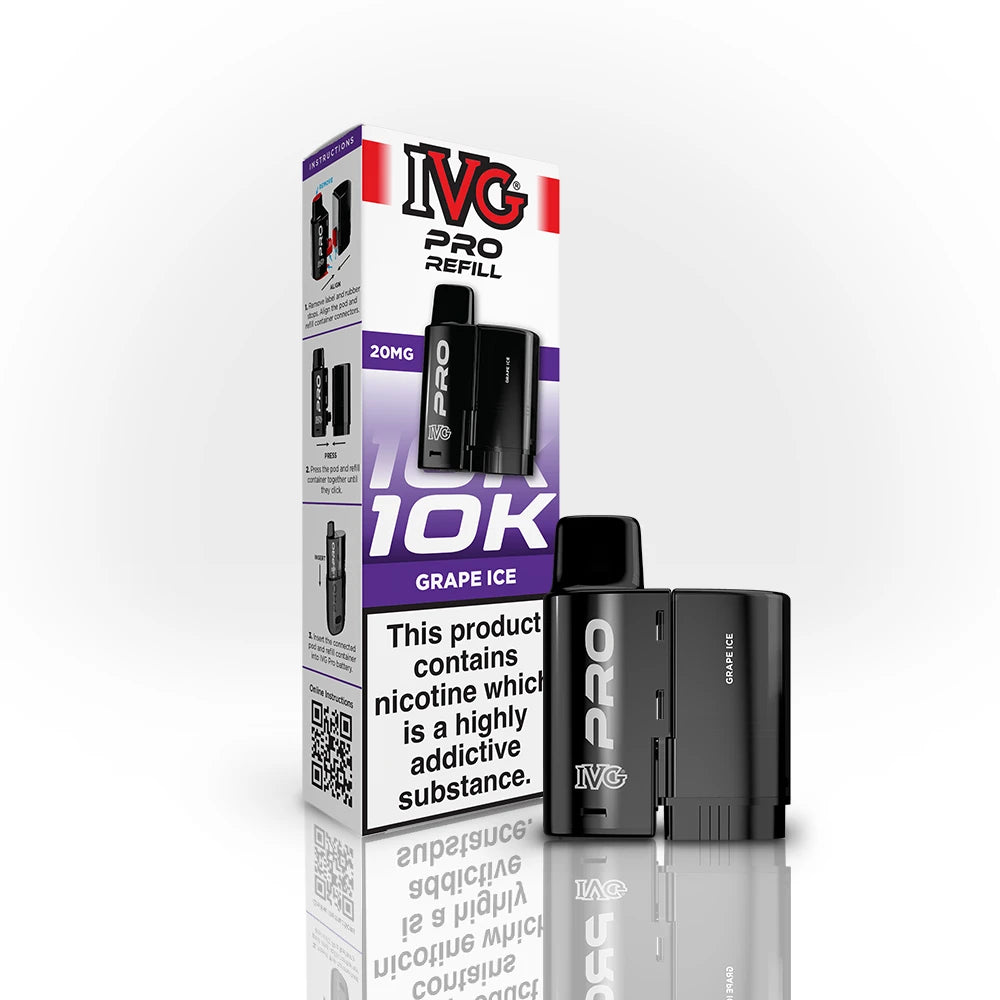 IVG Pro Refill 10K Grape Ice vape device and packaging on a white background