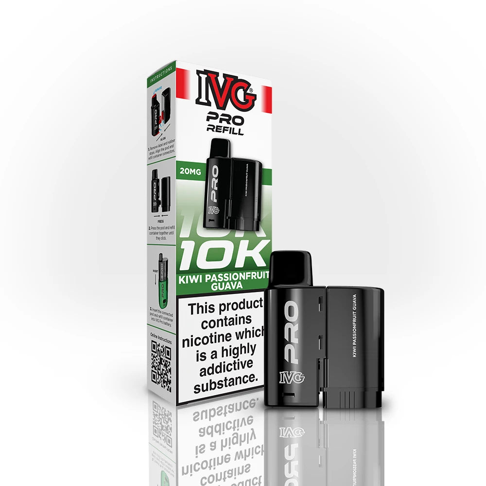 IVG Pro Refill 10K Kiwi Passionfruit Guava vape device and packaging on a white background