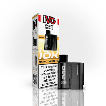 IVG Pro Refill 10K Mango Lychee Ice vape device and packaging on a white background