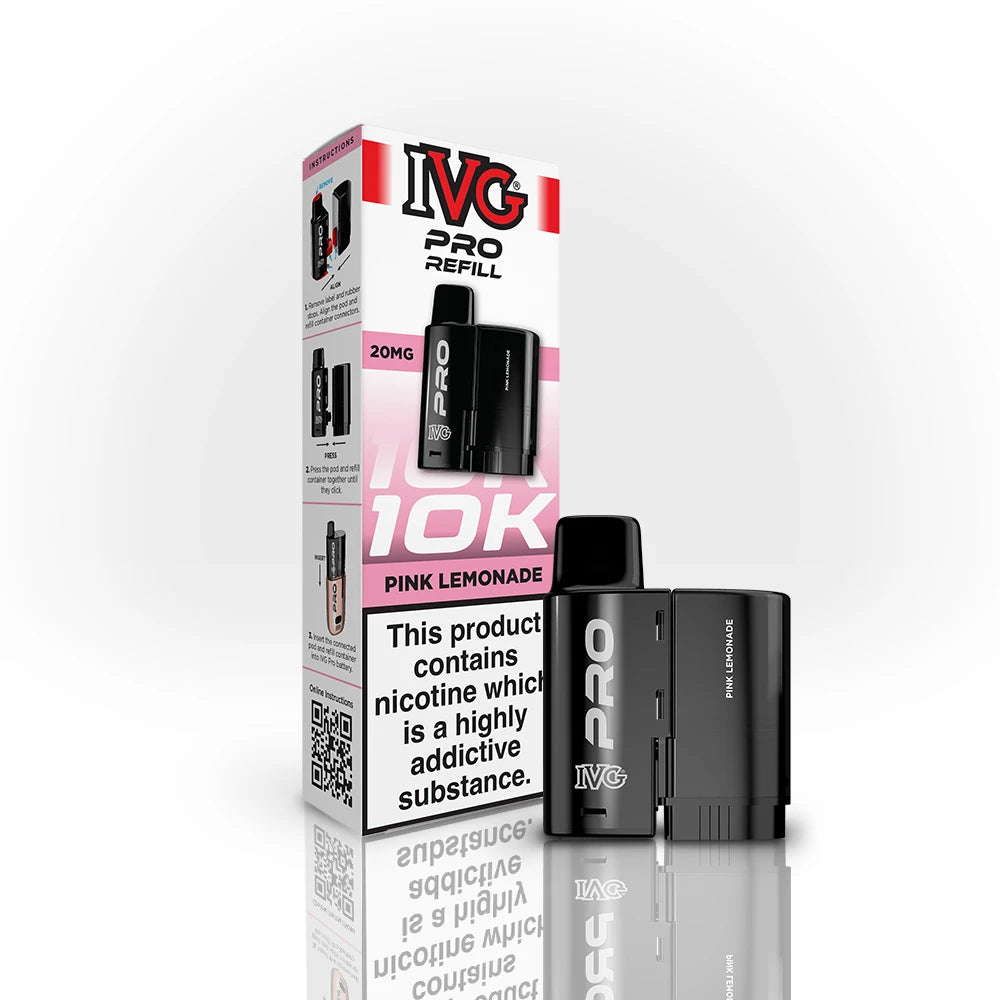 IVG Pro Refill 10K Pink Lemonade vape refill and packaging on a white background