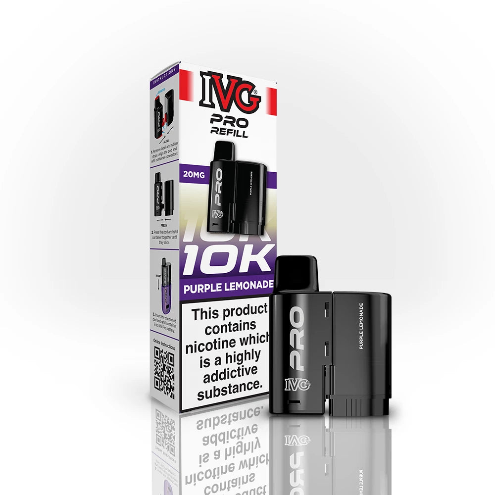 IVG Pro Refill 10K Purple Lemonade vape refill and packaging on a white background