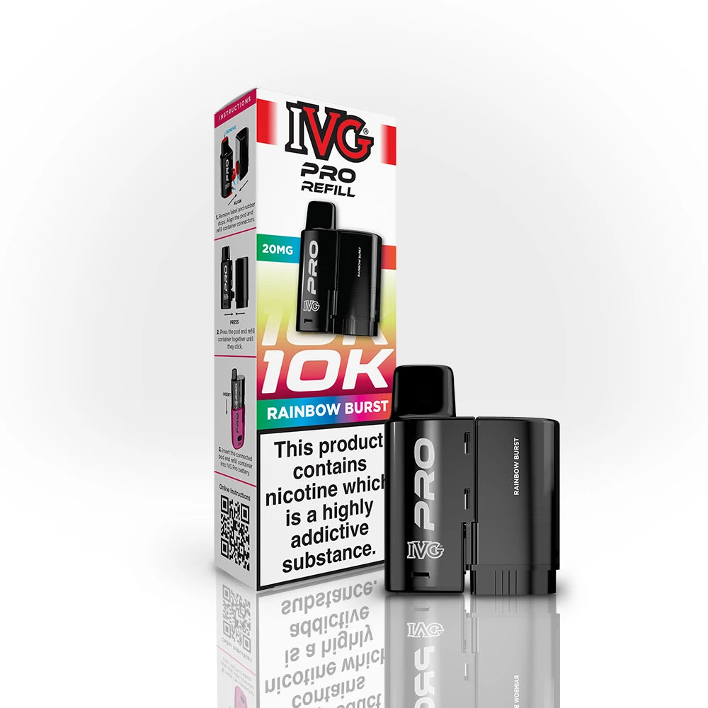 IVG Pro Refill 10K Rainbow Burst vape refill and packaging on a white background